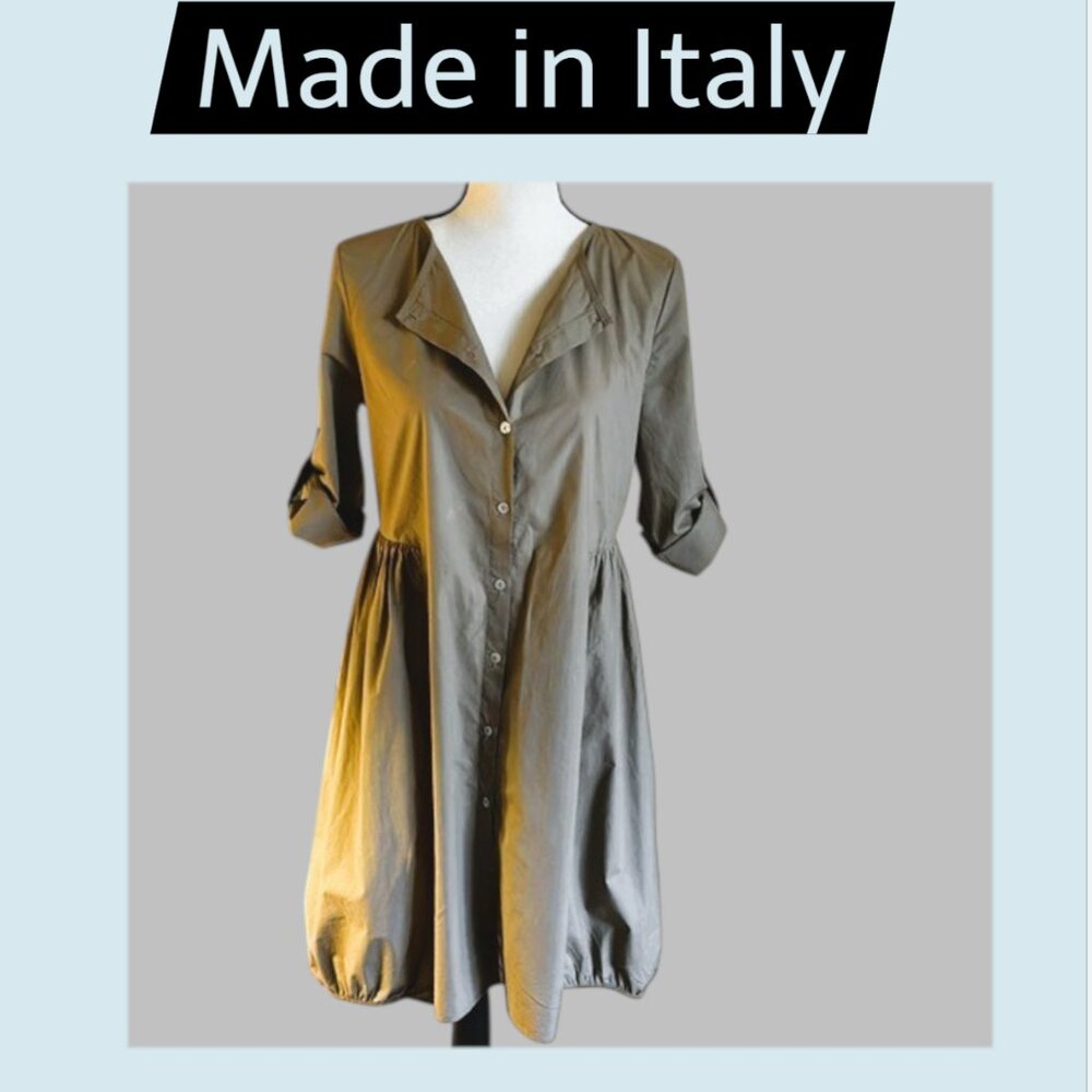 Kikisix ITALY 100% Cotton Long Sleeve Tan Cocoon Button Down Shirt Dress Size M
